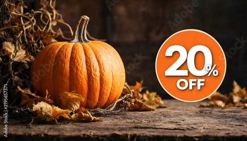 Orange pumpkin for autumn seasonal sale with twenty percent off discount sign on rustic wooden background