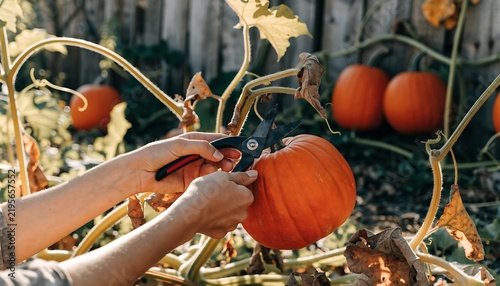 Person cutting an orange pumpkin from the vine in a sunny autumn garden patch