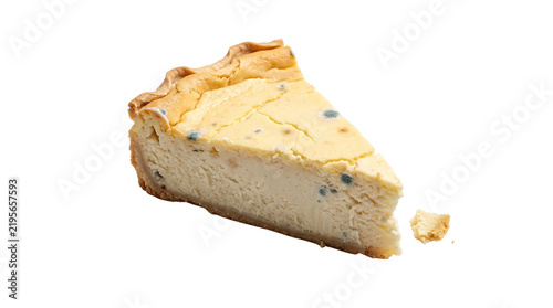 Obraz na płótnie Moldy cheesecake slice on white background, spoiled dairy dessert with blue fung
