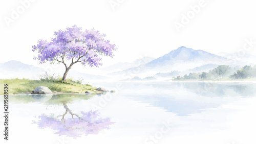 Peaceful Watercolor Landscape with Flowering Trees, Calm Lakes, Mountain Reflections and Serene Spring Nature Scenery