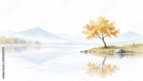 Peaceful Watercolor Landscape with Flowering Trees, Calm Lakes, Mountain Reflections and Serene Spring Nature Scenery