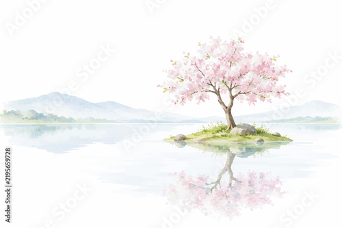 Peaceful Watercolor Landscape with Flowering Trees, Calm Lakes, Mountain Reflections and Serene Spring Nature Scenery