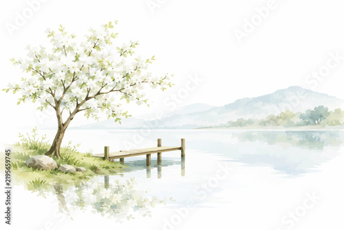 Peaceful Watercolor Landscape with Flowering Trees, Calm Lakes, Mountain Reflections and Serene Spring Nature Scenery