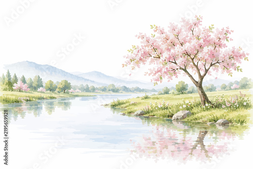 Peaceful Watercolor Landscape with Flowering Trees, Calm Lakes, Mountain Reflections and Serene Spring Nature Scenery