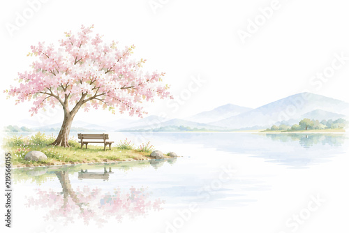 Peaceful Watercolor Landscape with Flowering Trees, Calm Lakes, Mountain Reflections and Serene Spring Nature Scenery