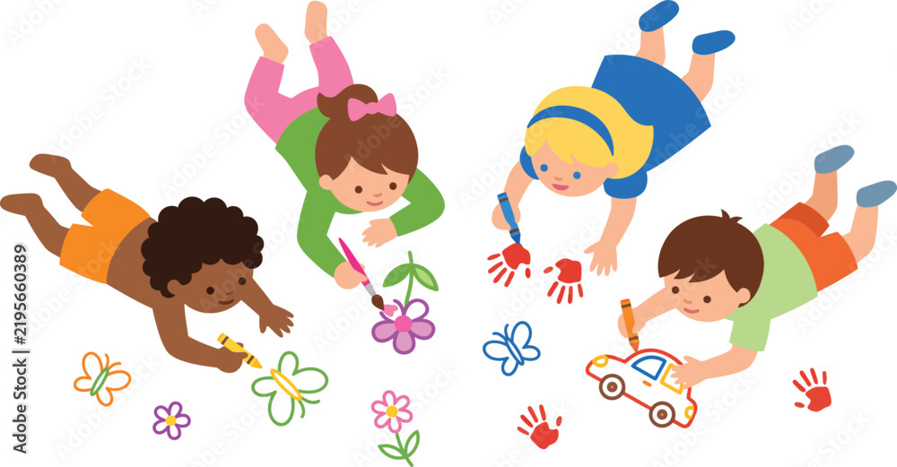 Fototapeta premium Diverse group of children drawing on the floor, happy kids painting and sketching together, multicultural preschool students creative art activity vector