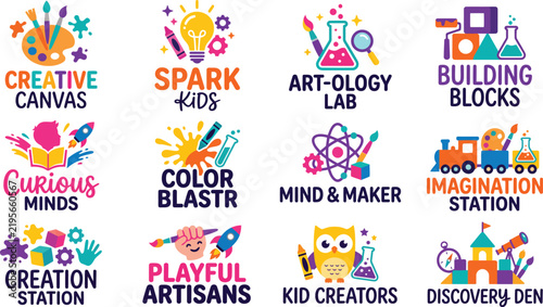 Colorful kids education logo set, 12 creative learning icons for art and science, playful school branding elements for children's workshops