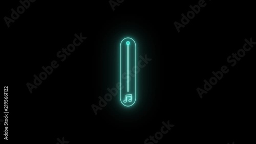 Neon blue vertical sound volume slider graphic interface element with glowing music icon isolated on dark black background.