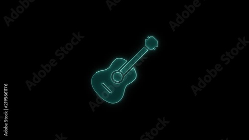 Acoustic guitar icon glowing with neon light animation isolated on black background for musical performance motion clip.
