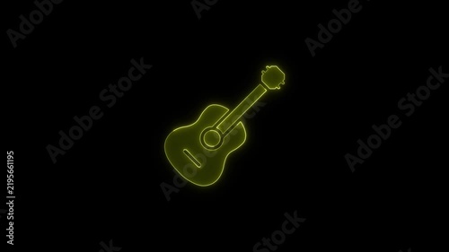 Neon yellow acoustic guitar icon glowing in rhythmic pulse effect isolated on dark background for digital music concepts.