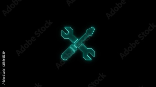 Neon blue wrench and screwdriver crossed icon pulsating on black background digital animation for industrial tech branding.
