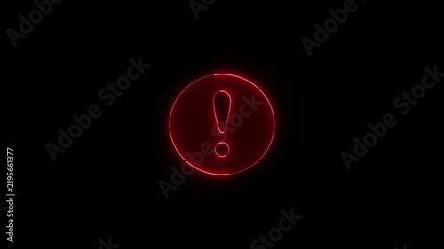 Red neon exclamation mark icon appearing on black background in dynamic circular motion for alert or warning concept.