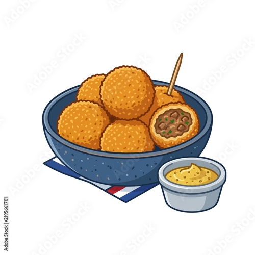 Traditional Dutch Style Bitterballen Crispy Fried Meatball Snack Served with Mustard Hand Drawn Vector Art