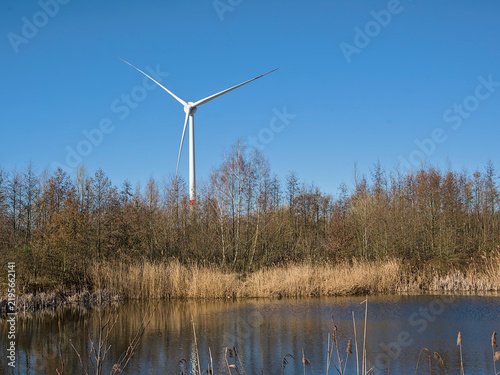 Cuadro en lienzo Wind turbine producing renewable energy above wetland vegetation and young woodland in Ter Durmenpark in Evergem, near Ghent, Flanders, Belgium