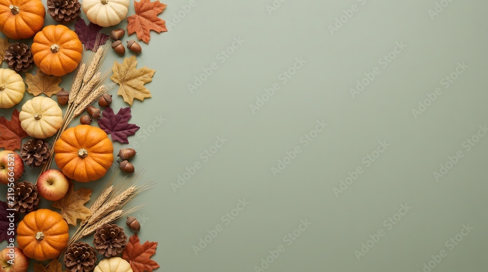 Fototapeta premium Flat lay composition with orange and white pumpkins autumn leaves and pinecones on a sage green background