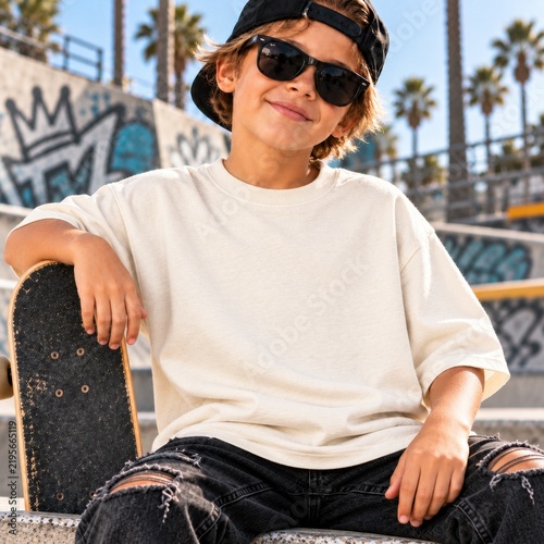 Blank natural t-shirt mockup on cool boy with skateboard sitting at concrete skatepark bowl. Youth apparel template for clothing design presentation, custom print branding layout, graffiti background