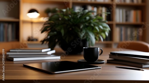 A minimalist wooden desk setup with a tablet  coffee cup  books  and a potted plant under warm ambient lighting