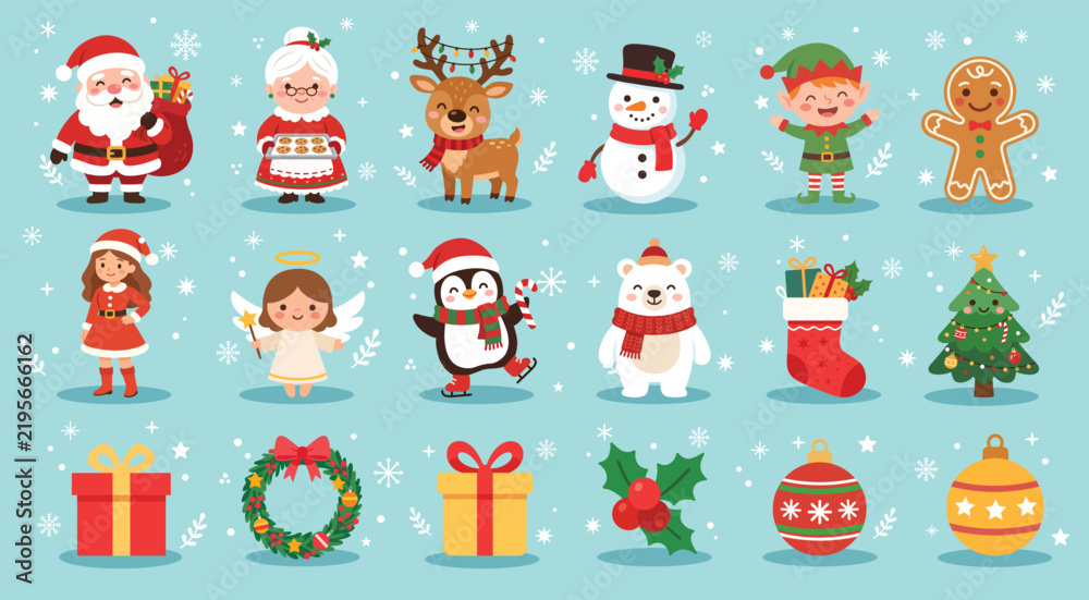 Fototapeta premium Christmas cartoon characters and elements illustrations set. Festive kawaii clipart for Christmas decorations