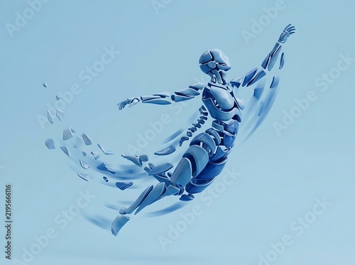 Futuristic Futuristic Female Cyborg Shattering and Flying, 3D Abstract AI Robot Tech Character, Monochrome Blue Background
