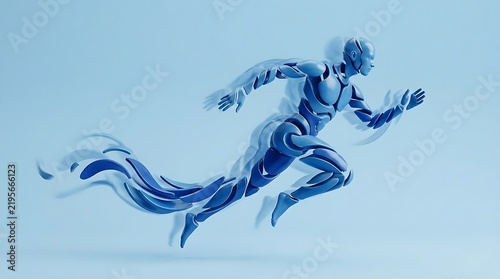 Futuristic Futuristic Female Cyborg Shattering and Flying, 3D Abstract AI Robot Tech Character, Monochrome Blue Background