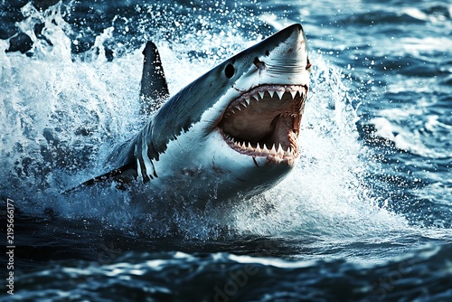 Great White Shark Breaching Ocean Surface.