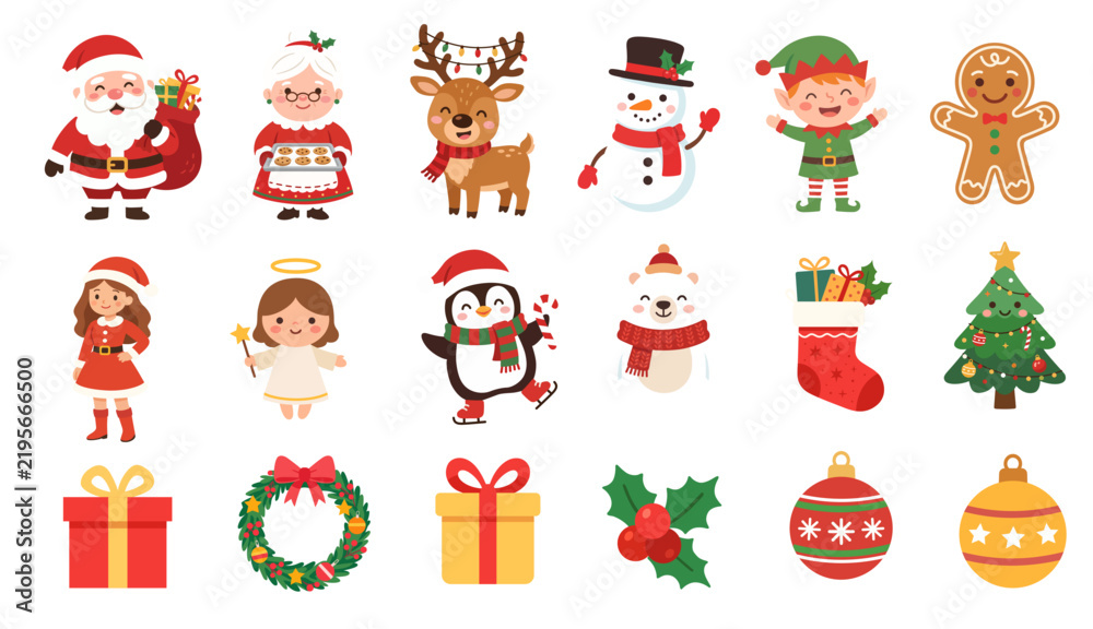 Fototapeta premium Christmas cartoon characters and elements illustrations set. Festive kawaii clipart for Christmas decorations