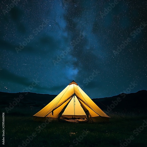 Illuminated Tent Under a Starry Night Sky with Milky Way.
