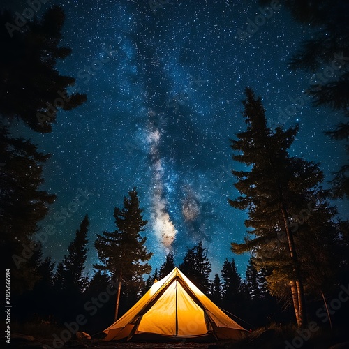 Illuminated Tent Under a Starry Night Sky in the Wilderness.