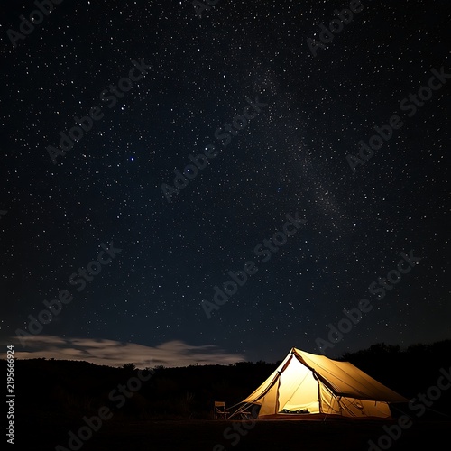 Illuminated Tent Under a Starry Night Sky.