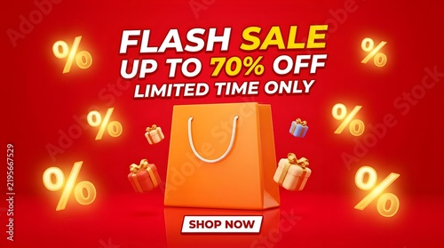 Flash sale banner with shopping bag, gift boxes, and up to 70% off