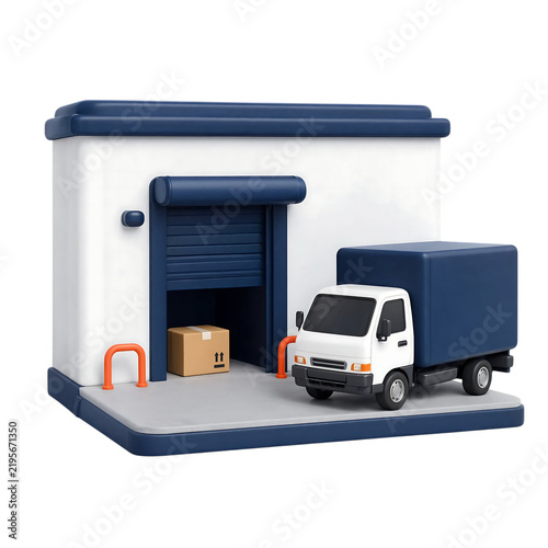 3D rendered warehouse building with a parked delivery truck and cardboard box cargo transparent background