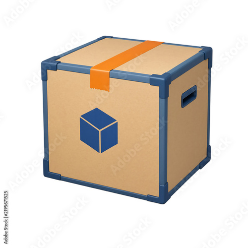 Isolated 3d render of a cardboard shipping box with protective blue frame corners and orange adhesive tape transparent background