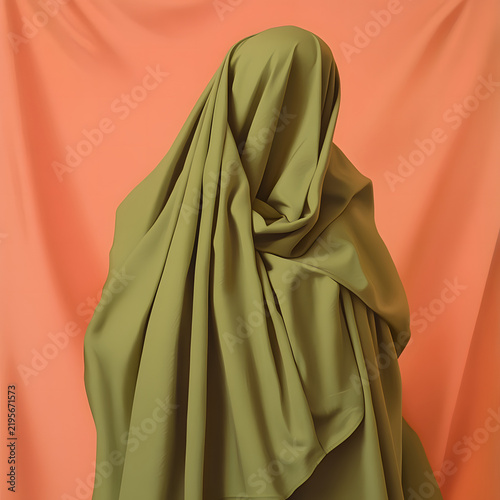 Draped olive green fabric hooded cloak against vibrant pink background in soft light
