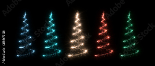 Set of colorful illuminated Christmas trees on a black background. Abstract light trail holiday decorations in blue, cyan, gold, red, and green. Festive winter season design elements.