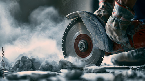 A view of a construction employee using a power saw to cut a concrete surface. An industrial circular saw blade grinding cement as part of demolition work. Home repair and remodeling project