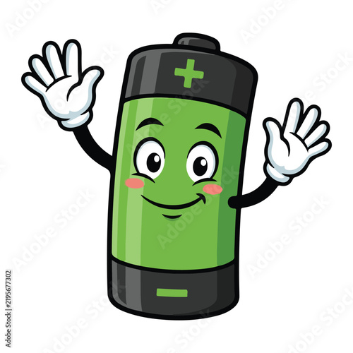 Happy green battery character waving hands for clean rechargeable power