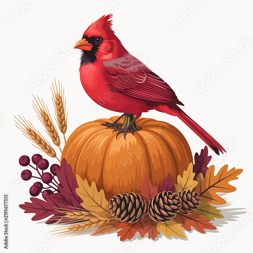 Vibrant red cardinal bird perched on a ripe pumpkin surrounded by autumn harvest elements