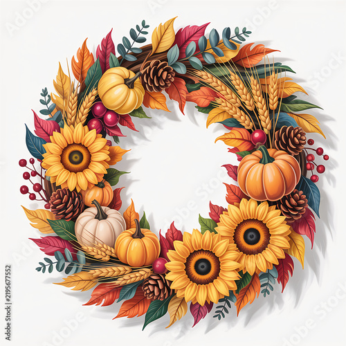 Vibrant Autumn Harvest Wreath Decoration with Sunflowers and Pumpkins