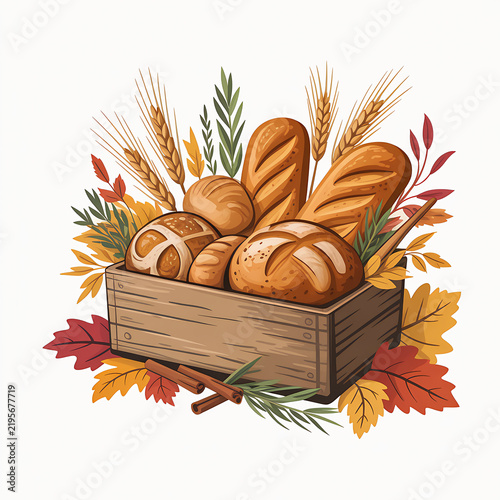 Wooden basket filled with fresh baked bread and autumn leaves