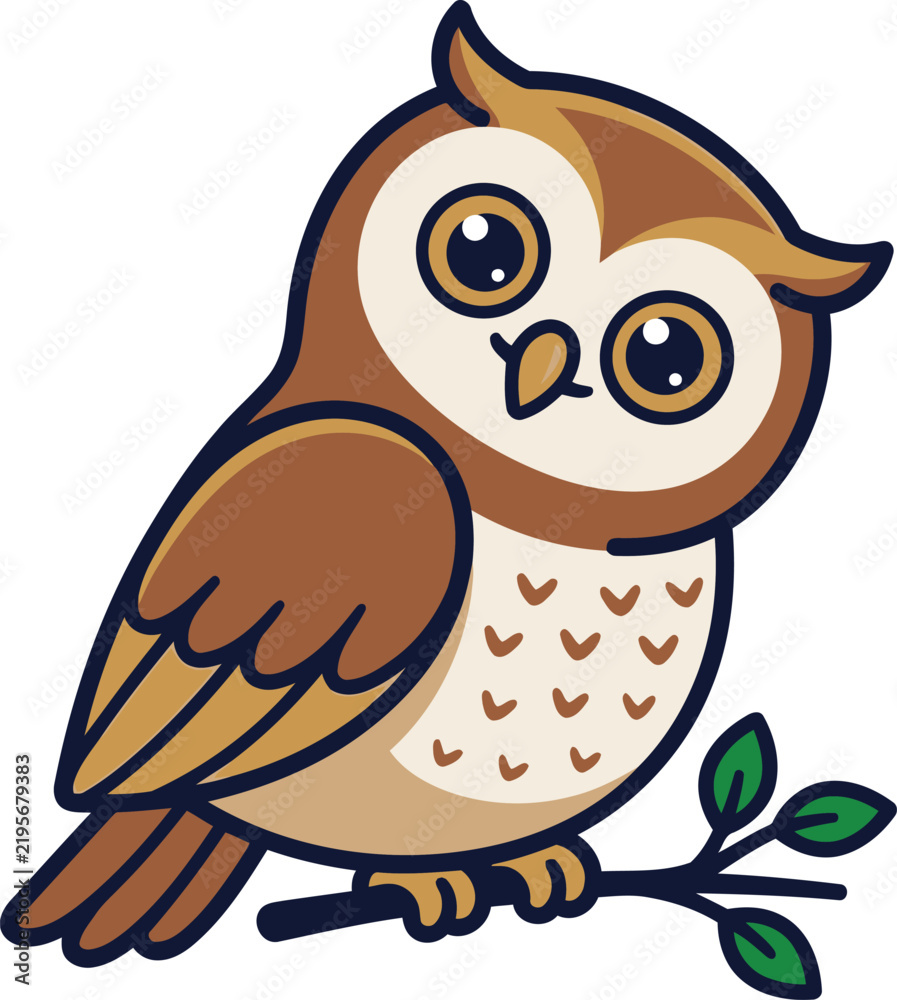 Fototapeta premium Cute Cartoon Owl Sitting on Branch – Adorable Brown and Beige Bird Illustration