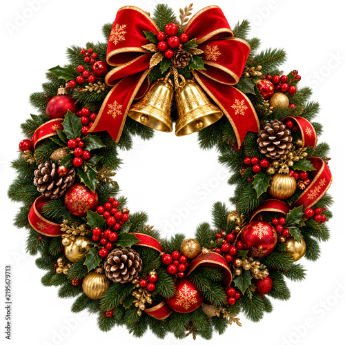 Luxury Christmas wreath with pine branches, berries, golden bells and red ribbon, isolated transparent background, realistic holiday decoration PNG