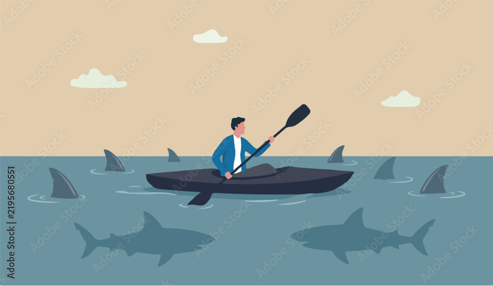 Fototapeta premium Risk taker challenge success overcome difficulty or problem in crisis or entrepreneurship, determination or adversity concept, confidence businessman sailing kayak ship among danger risky sharks