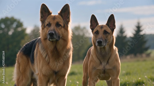 Close-up portrait of German Shepherd and Belgian Malinois looking at camera outdoors