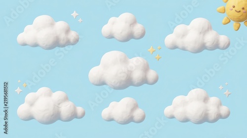 Handmade clay clouds and smiling sun over light blue sky background.