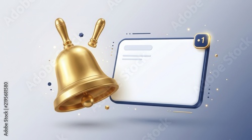 Golden bell with new notification message window for important alert reminder.