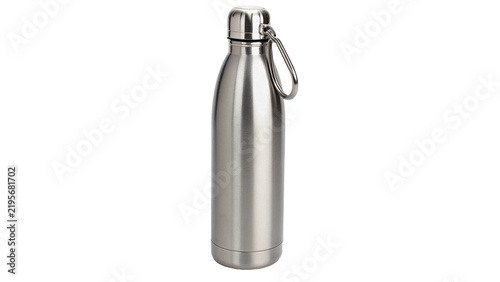 Sleek metallic silver stainless steel water bottle flask isolated on transparent background.