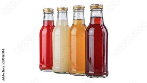 Fotografía Row of small glass bottles with colorful soda isolated on transparent background