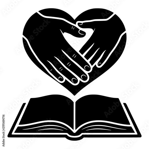 Hands forming heart over open book black and white vector illustration
