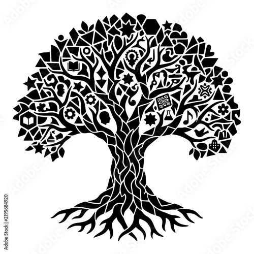 Knowledge tree silhouette with icons for education and learning