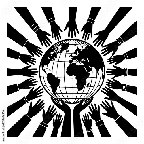 Black and white vector illustration of many hands holding the world